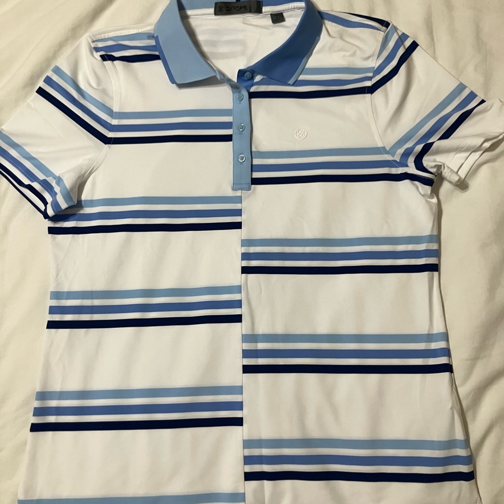 G/FORE Women's White Polo with Light & Navy Blue Stripes